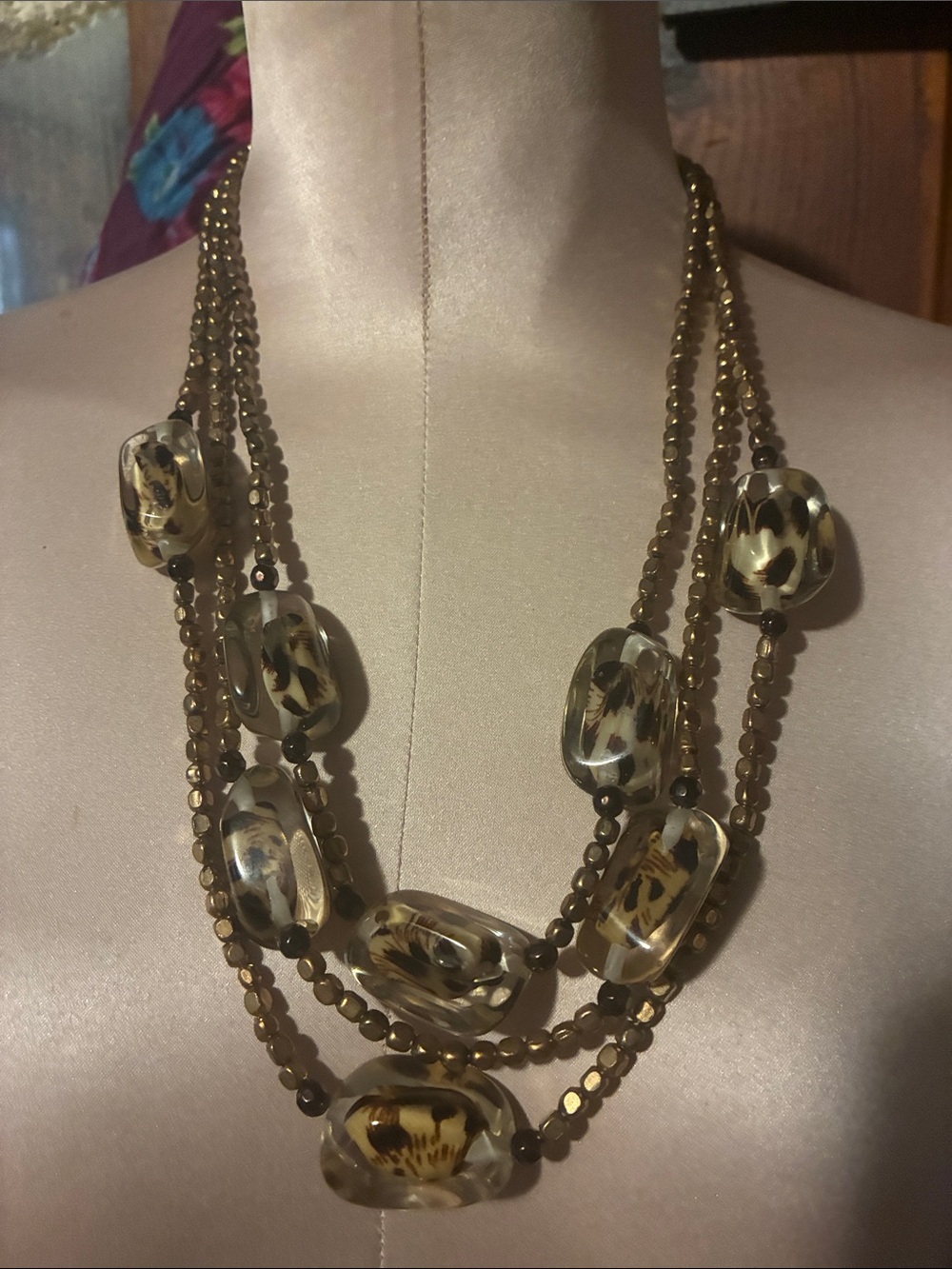 Chico's Multistrand Amber and Leopard Accent Bead Necklace